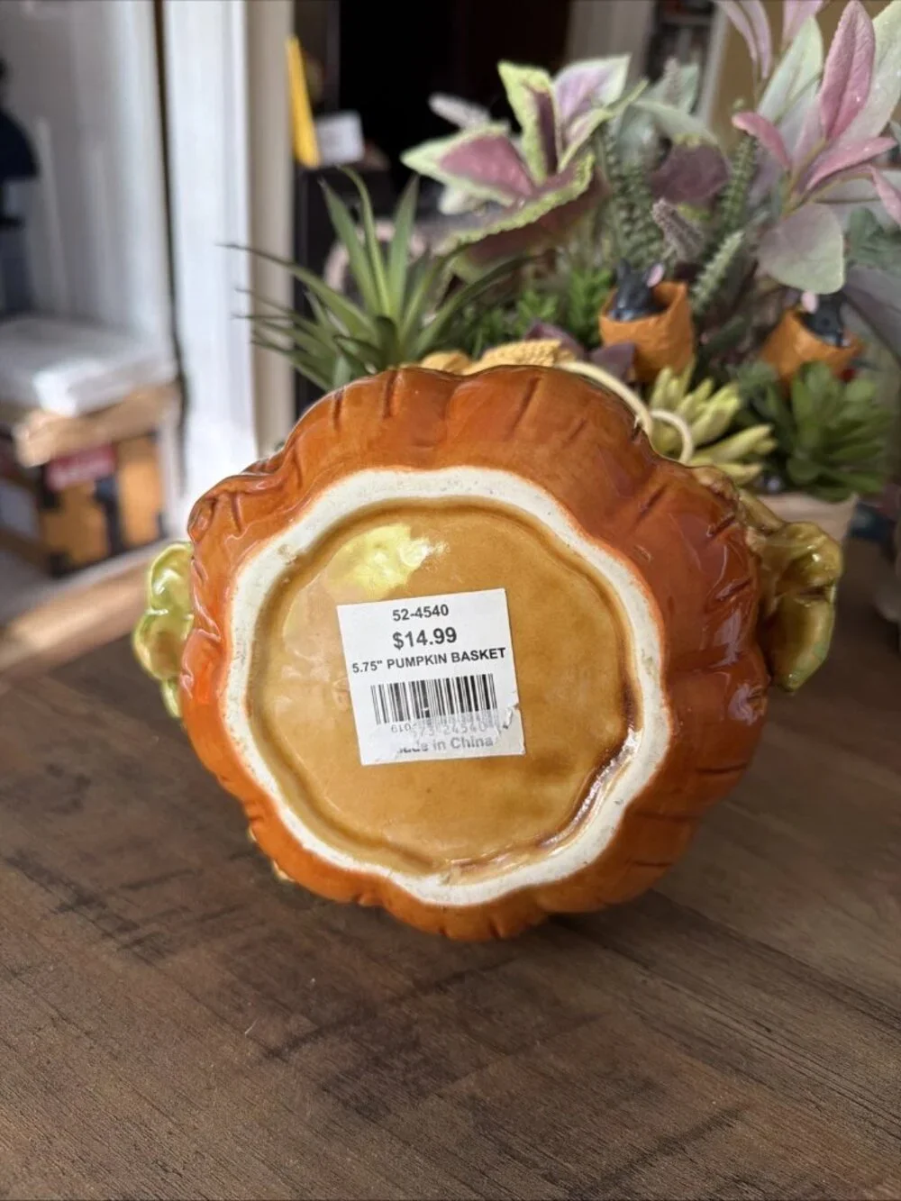 Vintage Ceramic Pumpkin Harvest Basket With Wheat Stalk Motif On The Handle